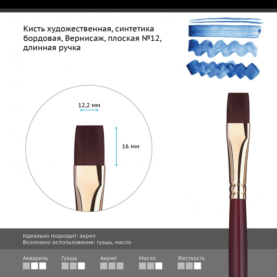 Кисть художественная Гамма Вернисаж плоская длинная ручка №12 купить,NaN