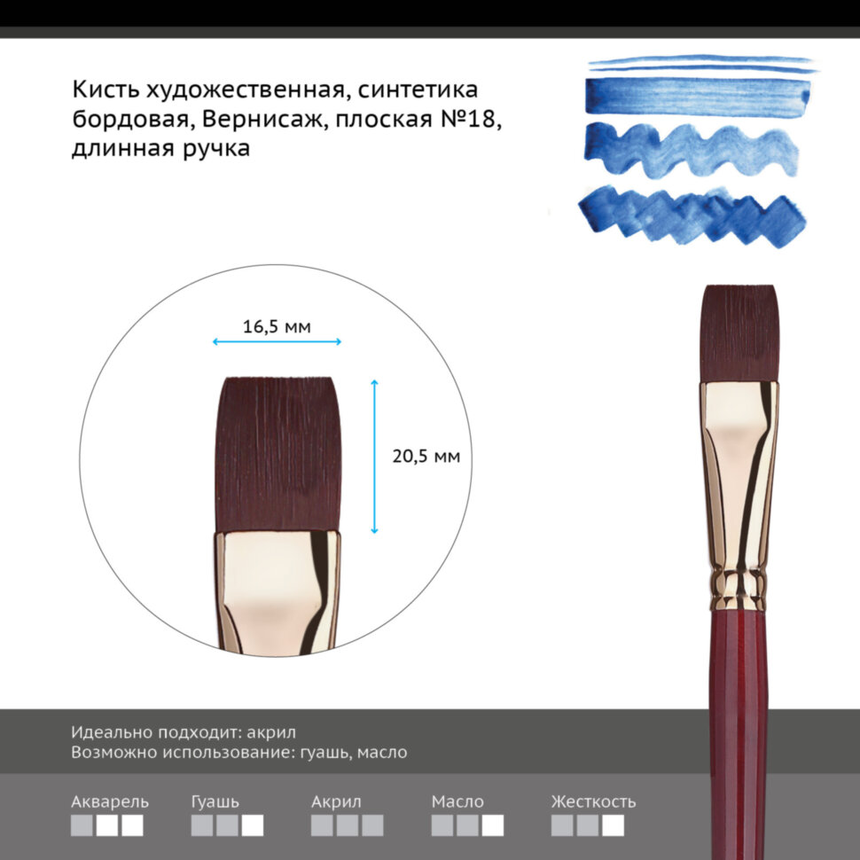 Кисть художественная Гамма Вернисаж плоская длинная ручка №18 купить,NaN