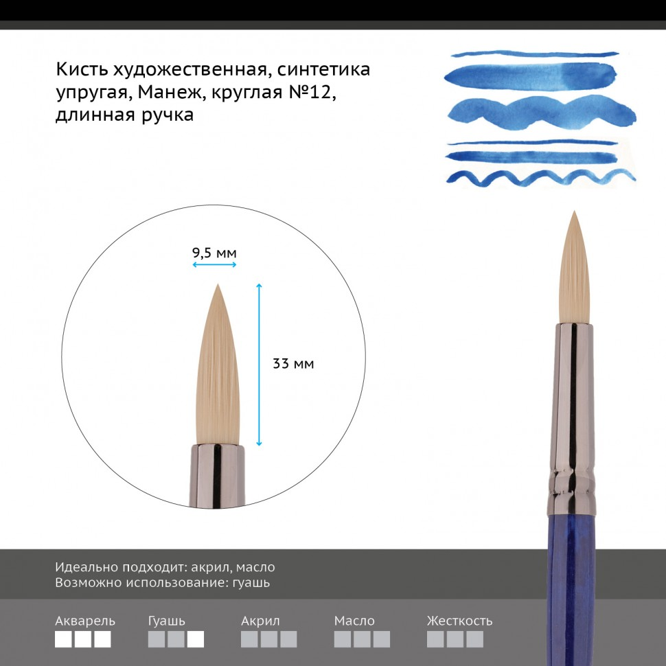 Кисть художественная Гамма Манеж круглая длинная ручка №12 купить,NaN
