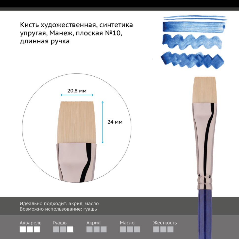 Кисть художественная Гамма Манеж плоская длинная ручка №10 купить,NaN