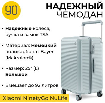 Чемодан Xiaomi NinetyGo NuLife Luggage поликарбонат, ABS-пластик 92 зеленый, мятный купить,NaN