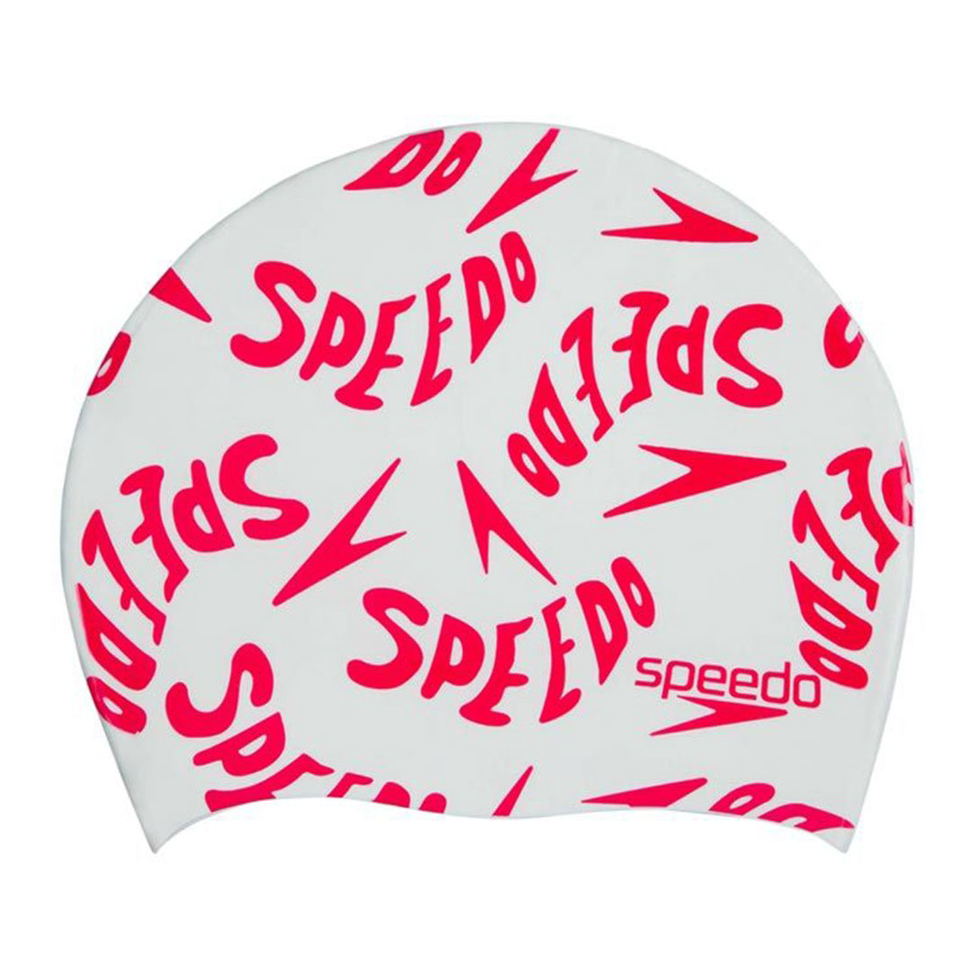 Шапочка для плавания Speedo Slogan jr lava-red бело-красная купить,NaN