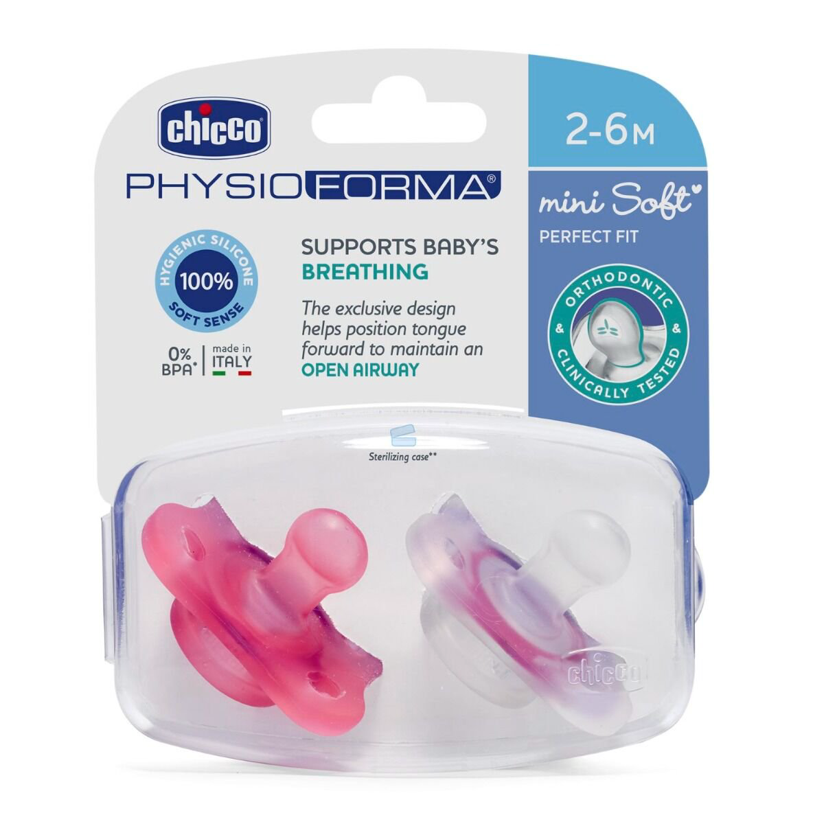 Пустышка Chicco Physio Soft Mini 2м+ 2шт розовая купить,NaN