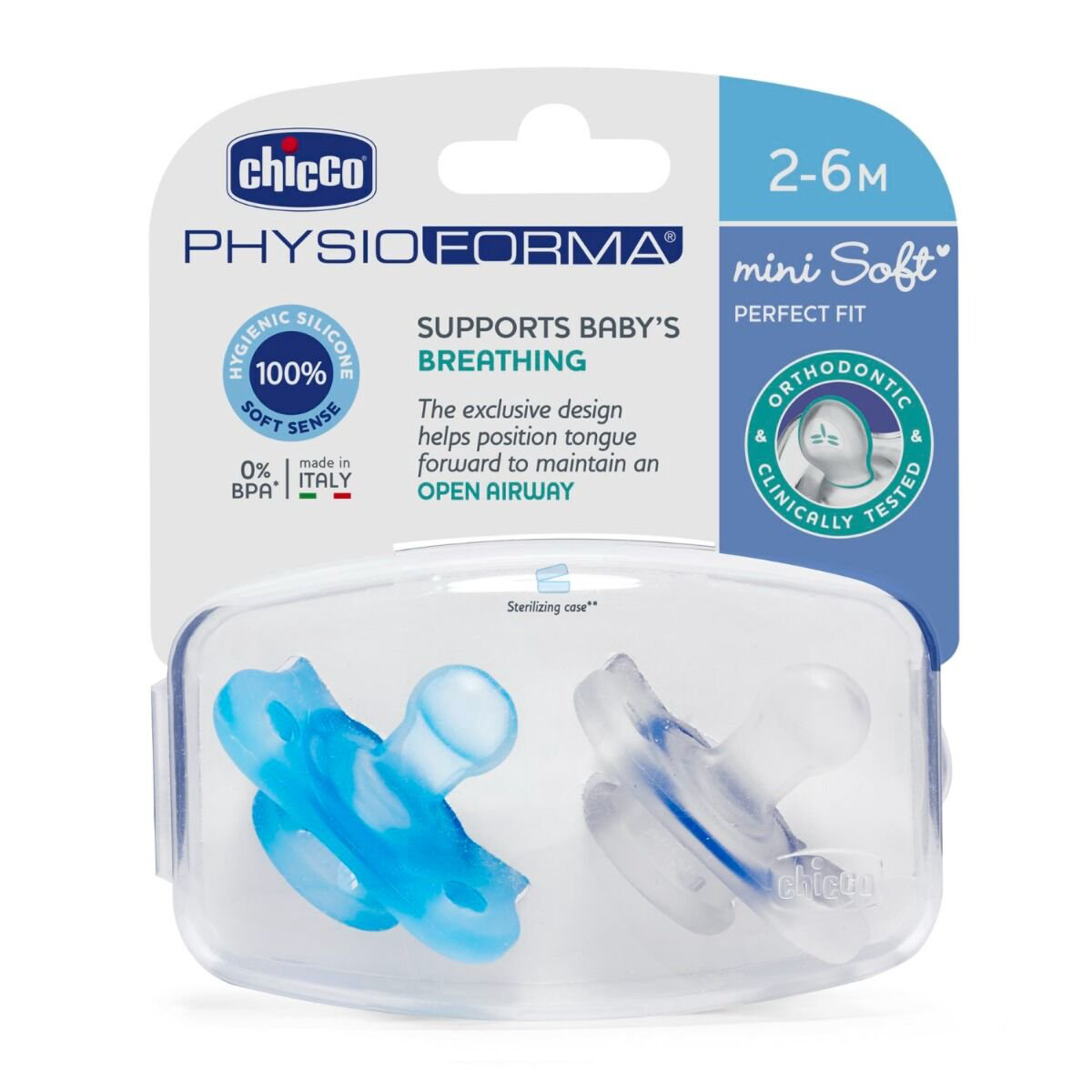  Пустышка Chicco Physio Soft Mini 2м+ 2шт голубая купить,NaN