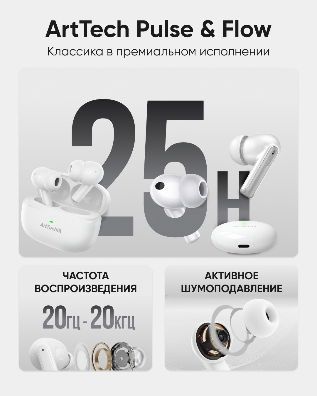 Наушники ArtTech Pulse ANC белый + Flow белые