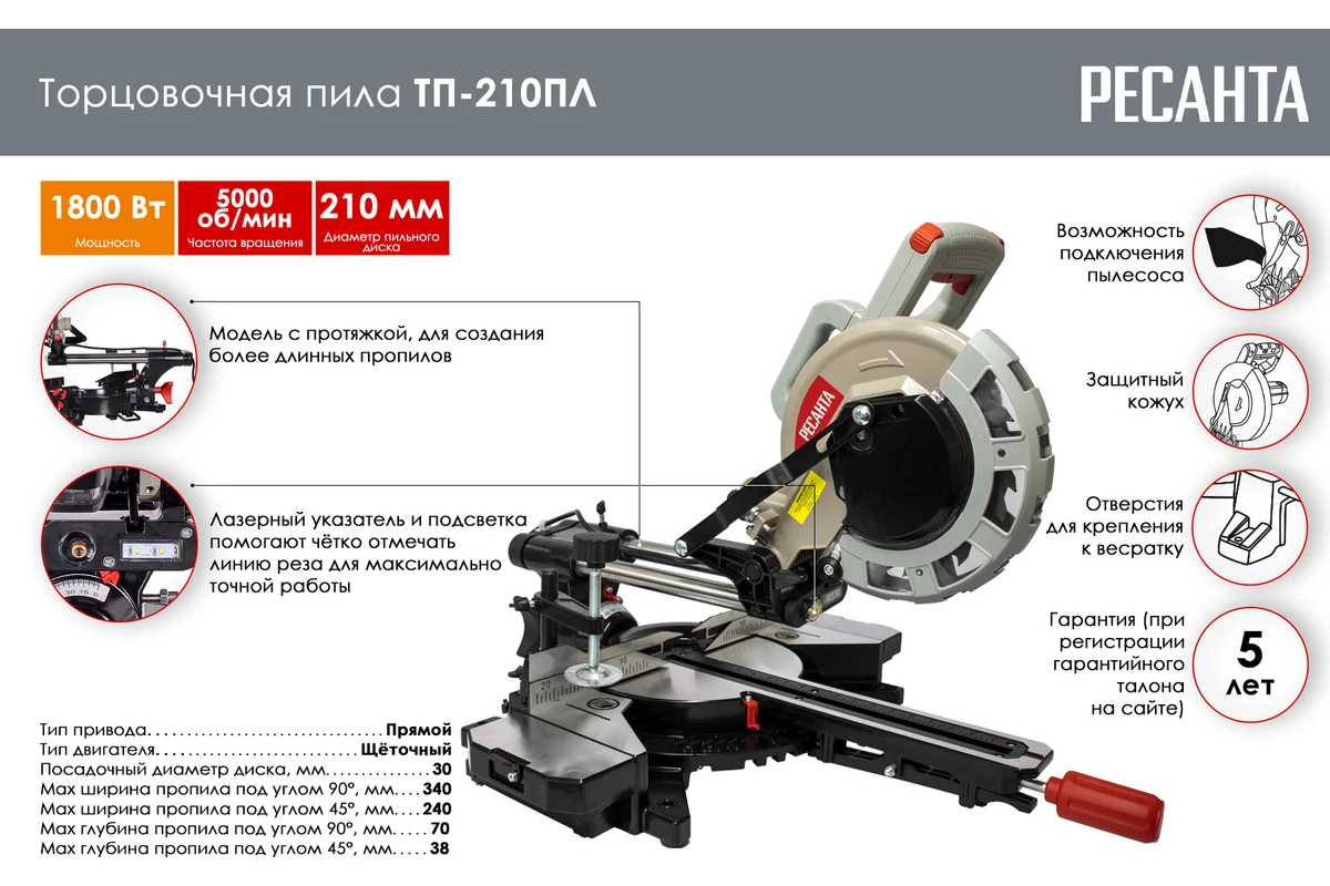 Торцовочная пила Ресанта ТП-210ПЛ 1800Вт купить,NaN