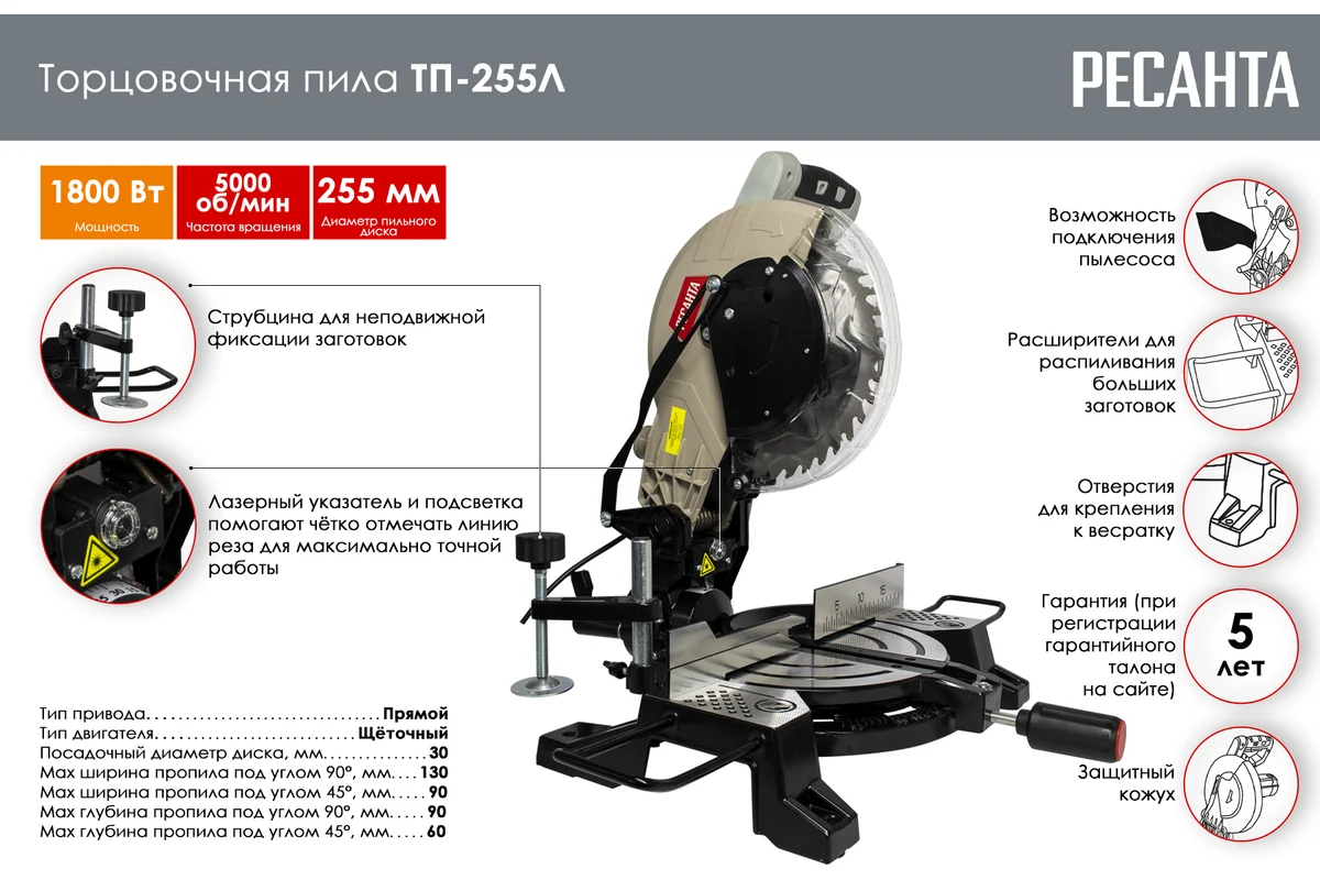 Торцовочная пила Ресанта ТП-255Л 1800Вт купить,NaN