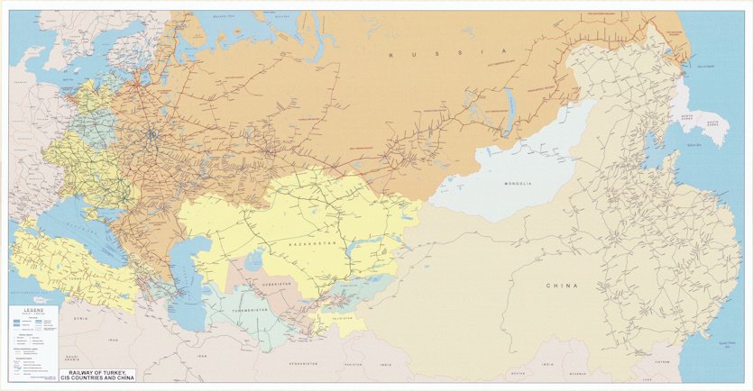 Настенная карта Vaibiz Схема железных дорог Турция/СНГ/Китай на английском 150х155 см