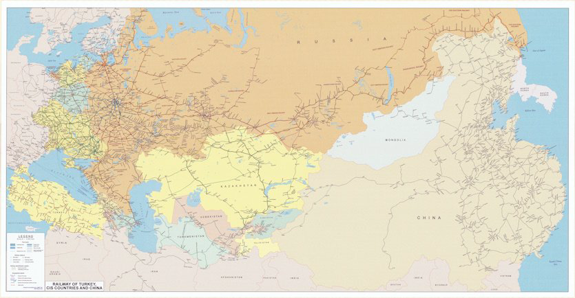 Настенная карта Vaibiz Схема железных дорог Турция/СНГ/Китай на английском 150х155 см купить,59000