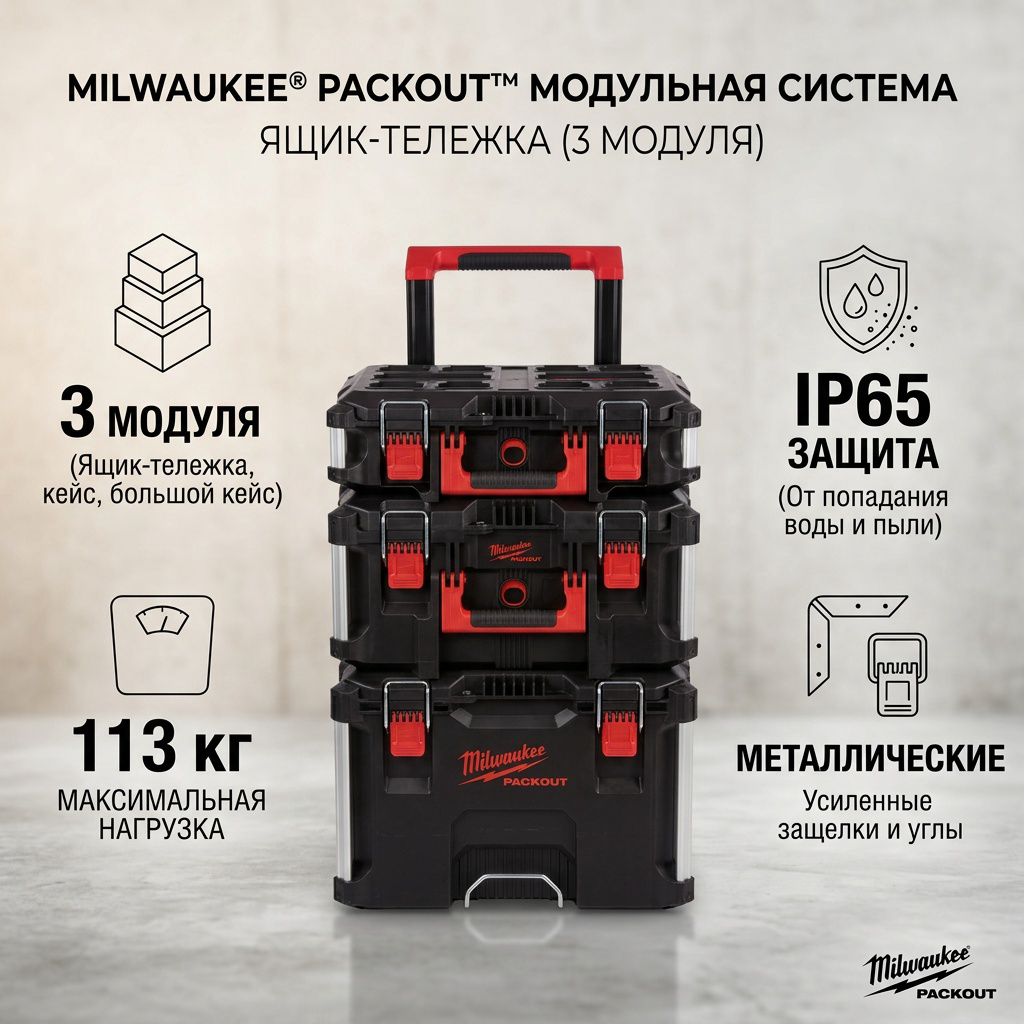 Набор кейсов для инструментов Milwaukee Packout 4932464244 56х47х100см купить,NaN