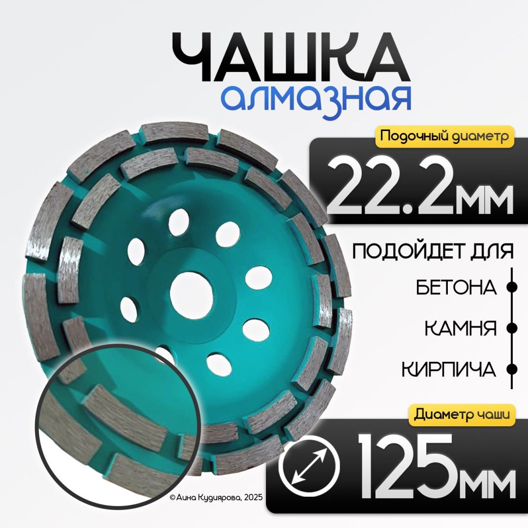 Чашка алмазная шлифовальная 125 мм, посадка 22.2 мм,1 шт , бирюзовая купить,NaN