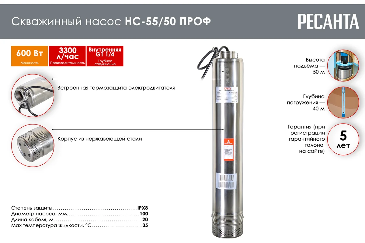Насос скважинный Ресанта НС-55/50 Проф