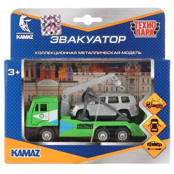 Машинка Технопарк Эвакуатор KAMAZ 12см+Toyota Land Cruiser 7.5см