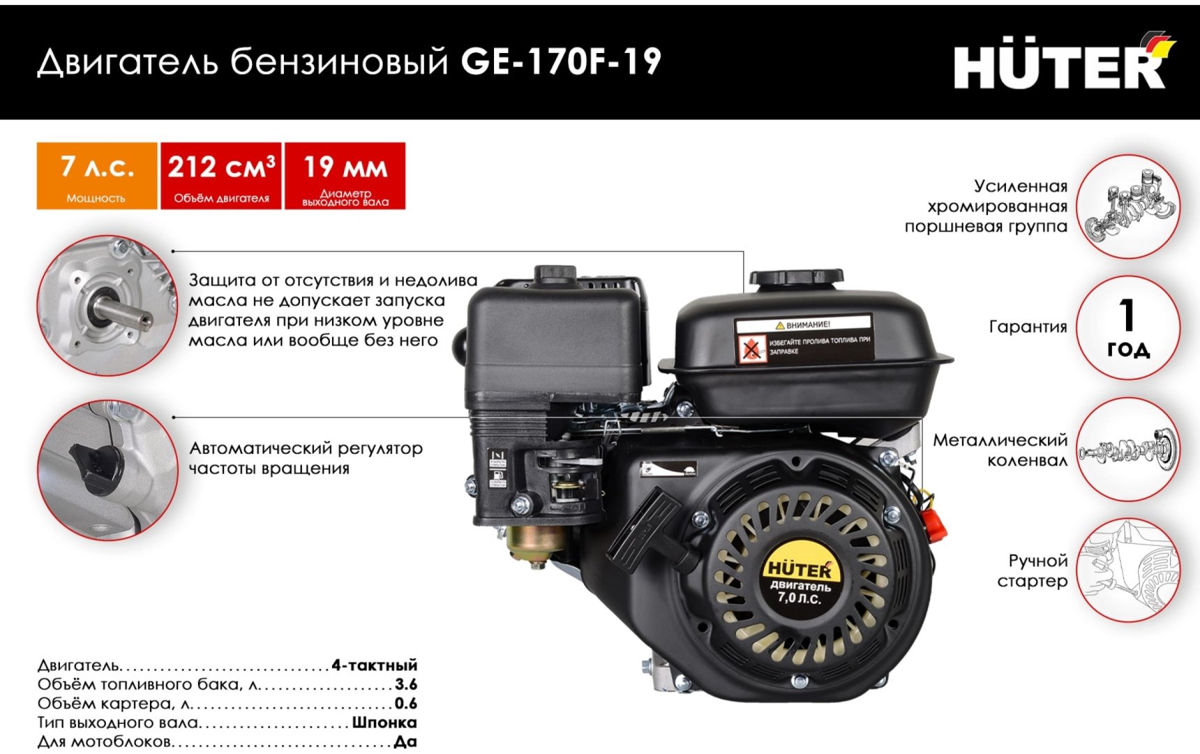 Двигатель Двигатель Huter бензиновый GE-170 F-19 четырехтактный 7 л.с. диаметр выходного вала 19 мм 70/15/1 купить,NaN