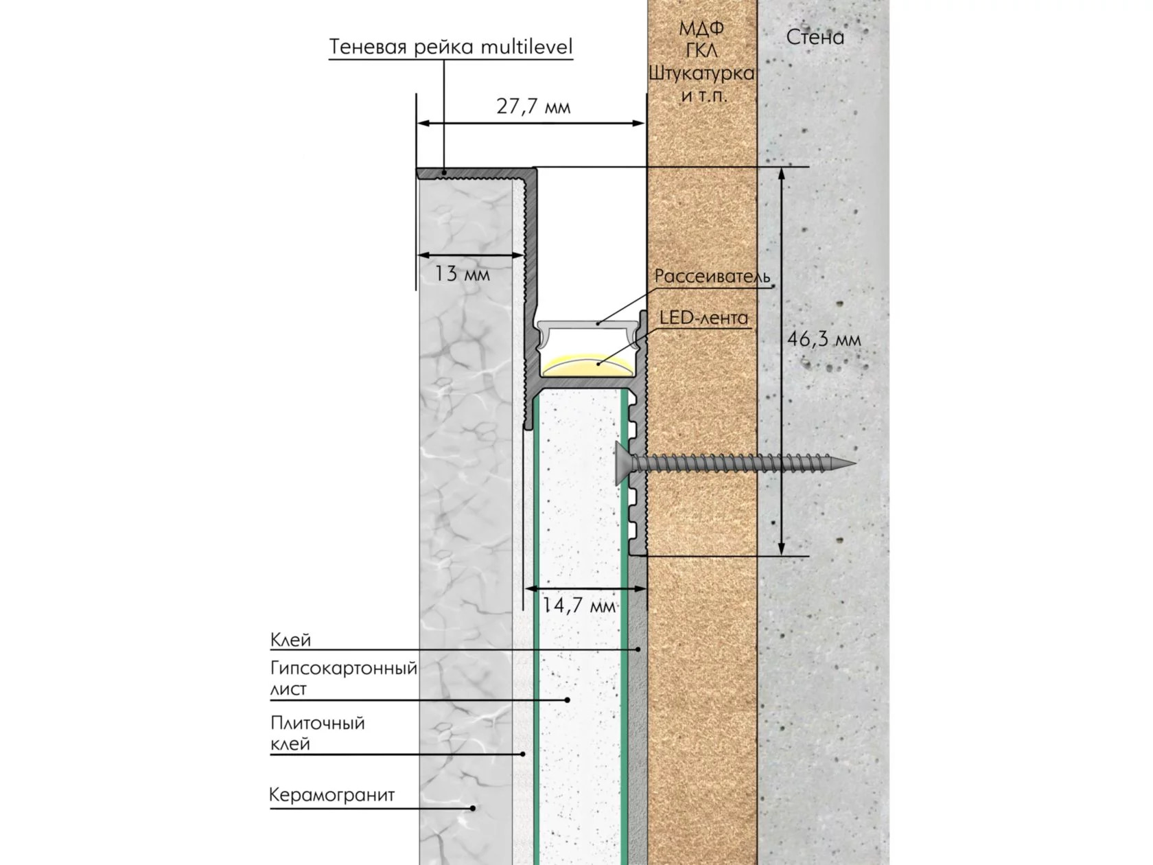 Теневая рейка Laconistiq Multilevel ТРМЧА 46.3х27.7х3000мм чёрный купить,NaN