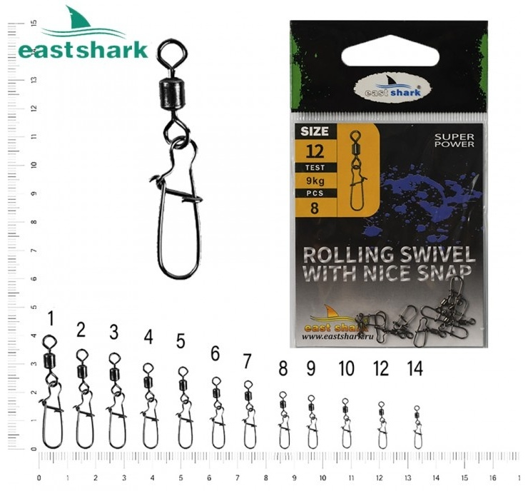 Вертлюг с карабином EastShark Американка №12 8шт