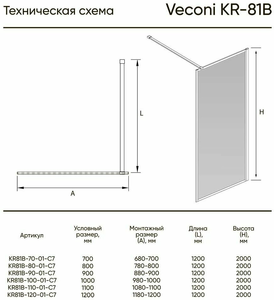 Перегородка душевая Veconi KR81B-80-01-C8 80х200см серый