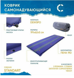 Коврик самонадувающийся Следопыт PF-KS-06 стандарт синий/серый
