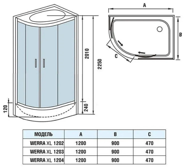Кабина душевая WeltWasser WW500 WERRA XL 1204 R 225х90см белый