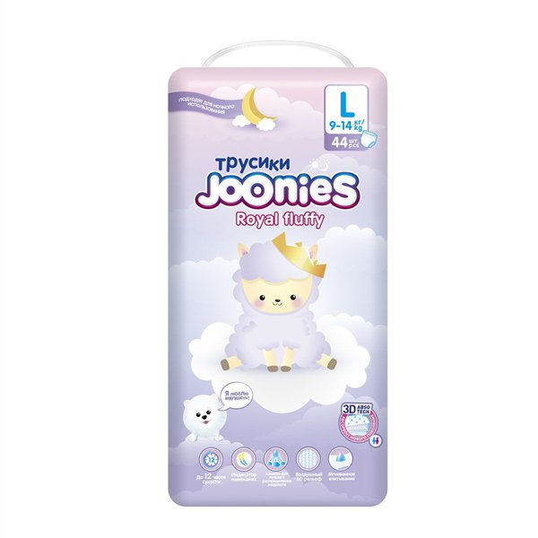 Трусики-подгузники Joonies Royal Fluffy  L 9-14 кг 44шт купить,NaN