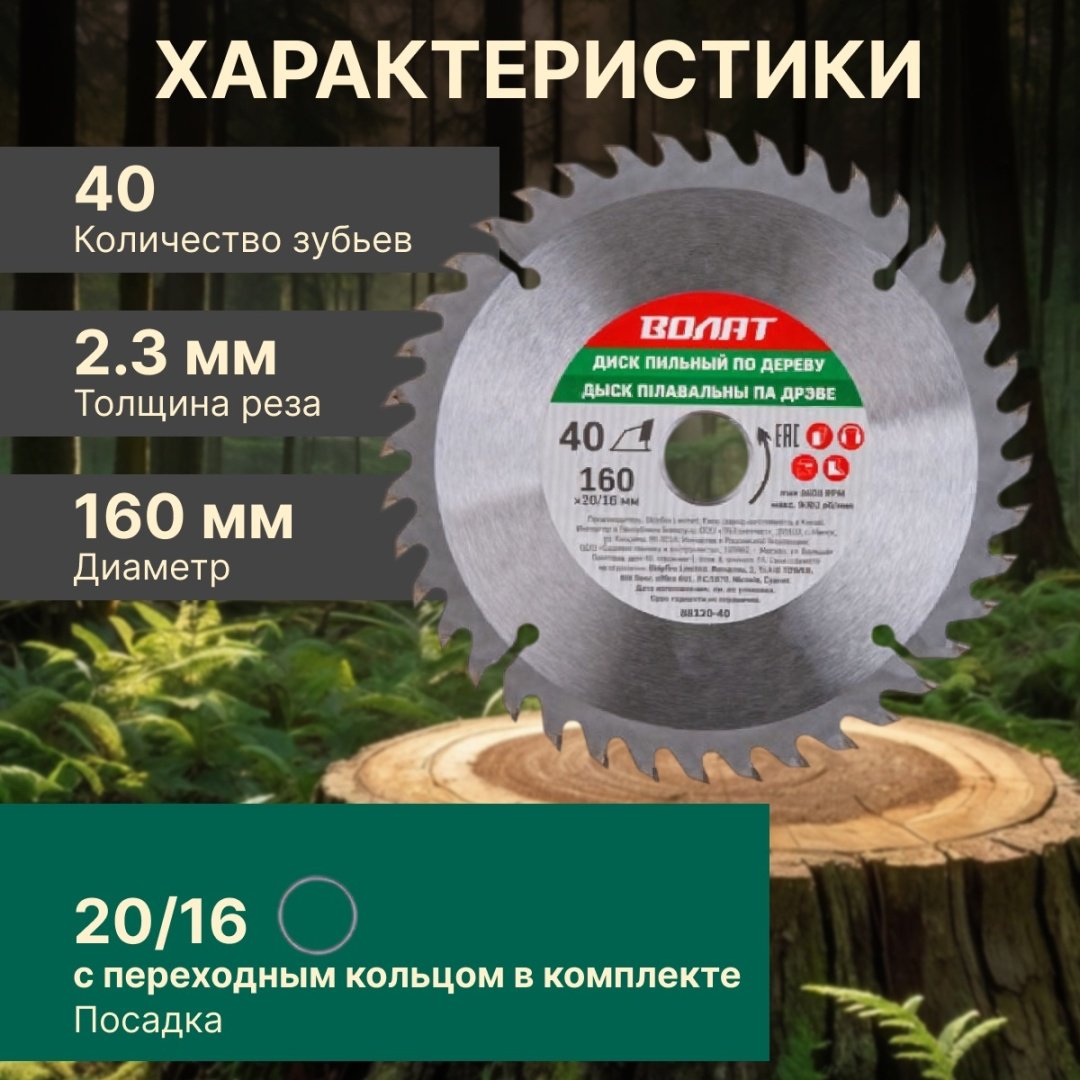Пильный диск по дереву Волат 88120-40, 160x20 мм, 40Т