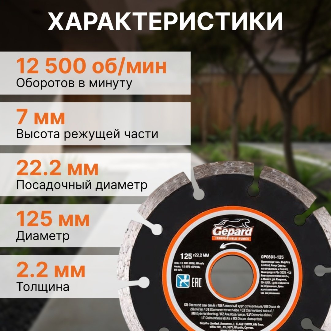 Диск отрезной алмазный 125x22.2х2.2 мм, Gepard GP0801-125