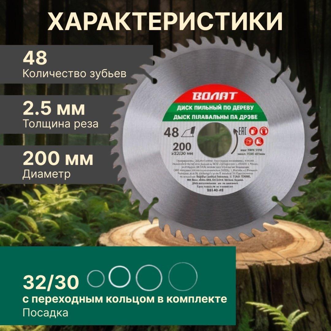 Пильный диск по дереву Волат 88140-48, 200x32 мм, 48Т