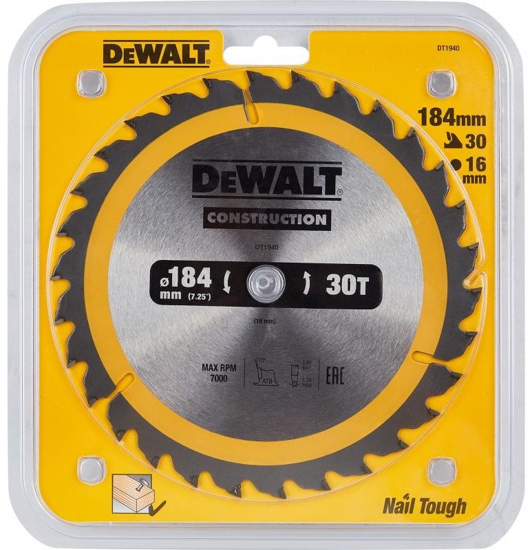 Пильный диск по дереву DeWALT DT1940, 184x16 мм, 30Т