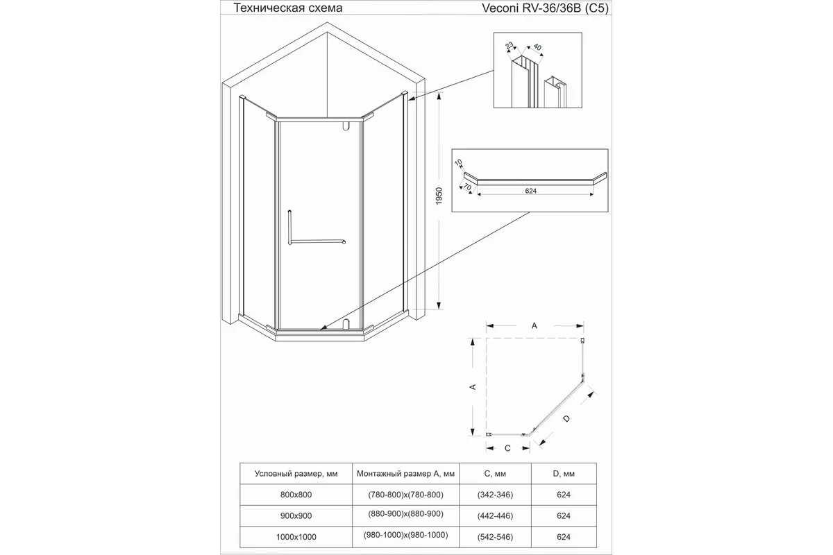 Душевой угол Veconi RV-36G RV36G-100-01-C5 100x100x195см