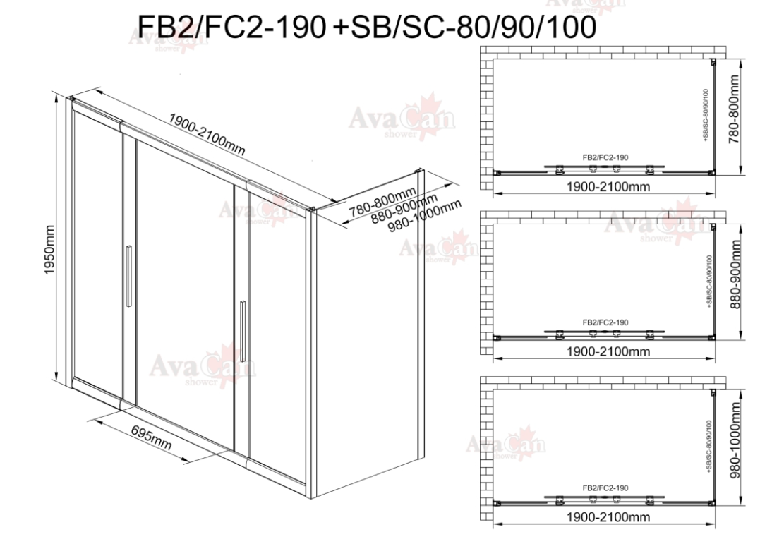Душевой уголок AvaCan FB2 190-210 + SB100 MT 100х210х195см