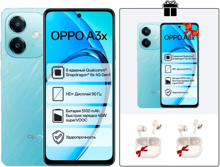 Смартфон Oppo A3x 4G 4/64Gb Ocean Blue + Подарок