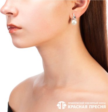 Серьги Красная пресня 33312468Д вес 5.5 г серебро, культивированный жемчуг, фианит купить,29754