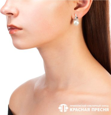 Серьги Красная пресня 33312468Д вес 5.5 г серебро, культивированный жемчуг, фианит купить,29754