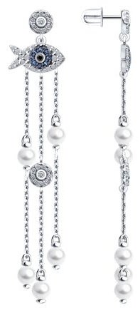 Серьги-цепочки Diamant D94-122-02186-2_s вес 5.53 г серебро, фианит, жемчуг купить,34628