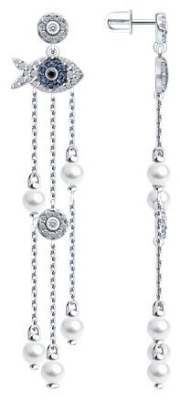 Серьги-цепочки Diamant D94-122-02186-2_s вес 5.53 г серебро, фианит, жемчуг купить,34628