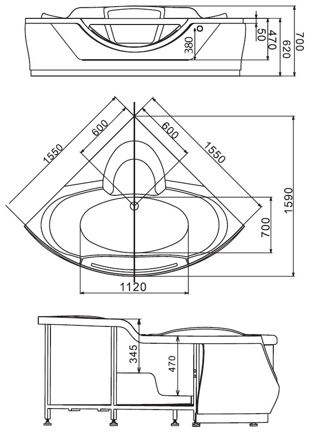 Ванна Gemy G9025 II K 155х70х155см белый