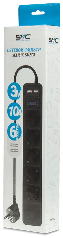 Сетевой фильтр SVC ZC6S-30M-USB 3м 6 розеток черный купить,0