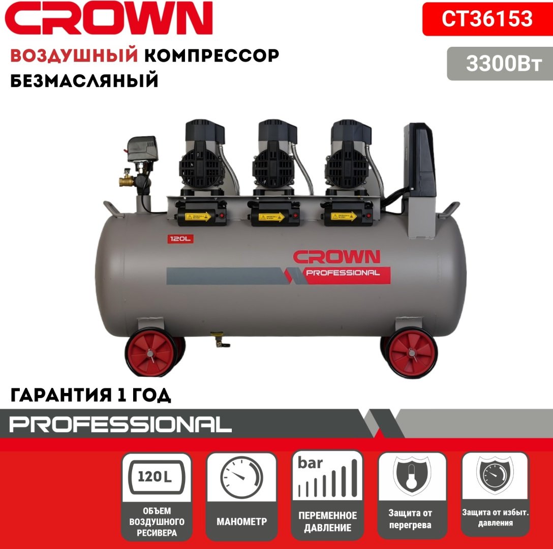 Компрессор безмасляный CROWN CT36153, 7 бар купить,NaN