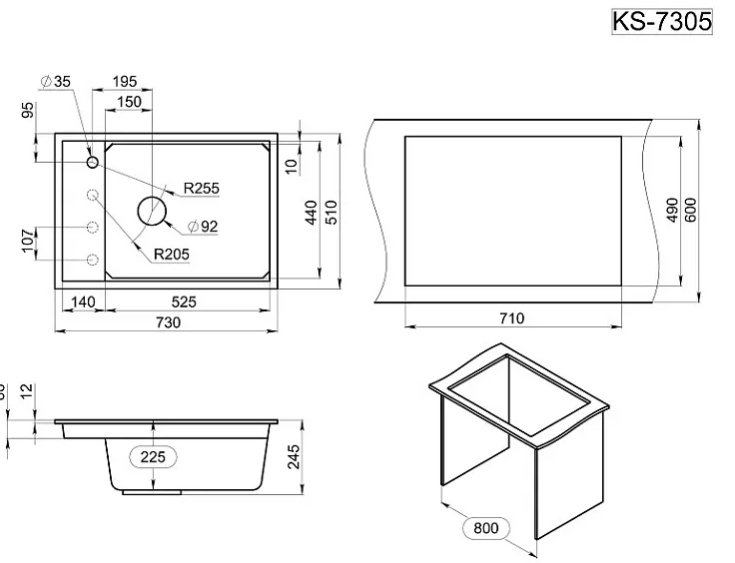 Кухонная мойка GRANULA KS-7305 73х51х25 см, кварцевый песок, тон алюминиум купить,NaN