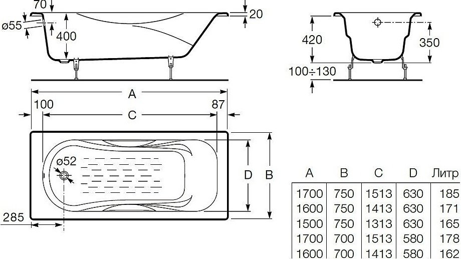Ванна прямоугольная Roca 72315G000R 150x75 см см, чугун
