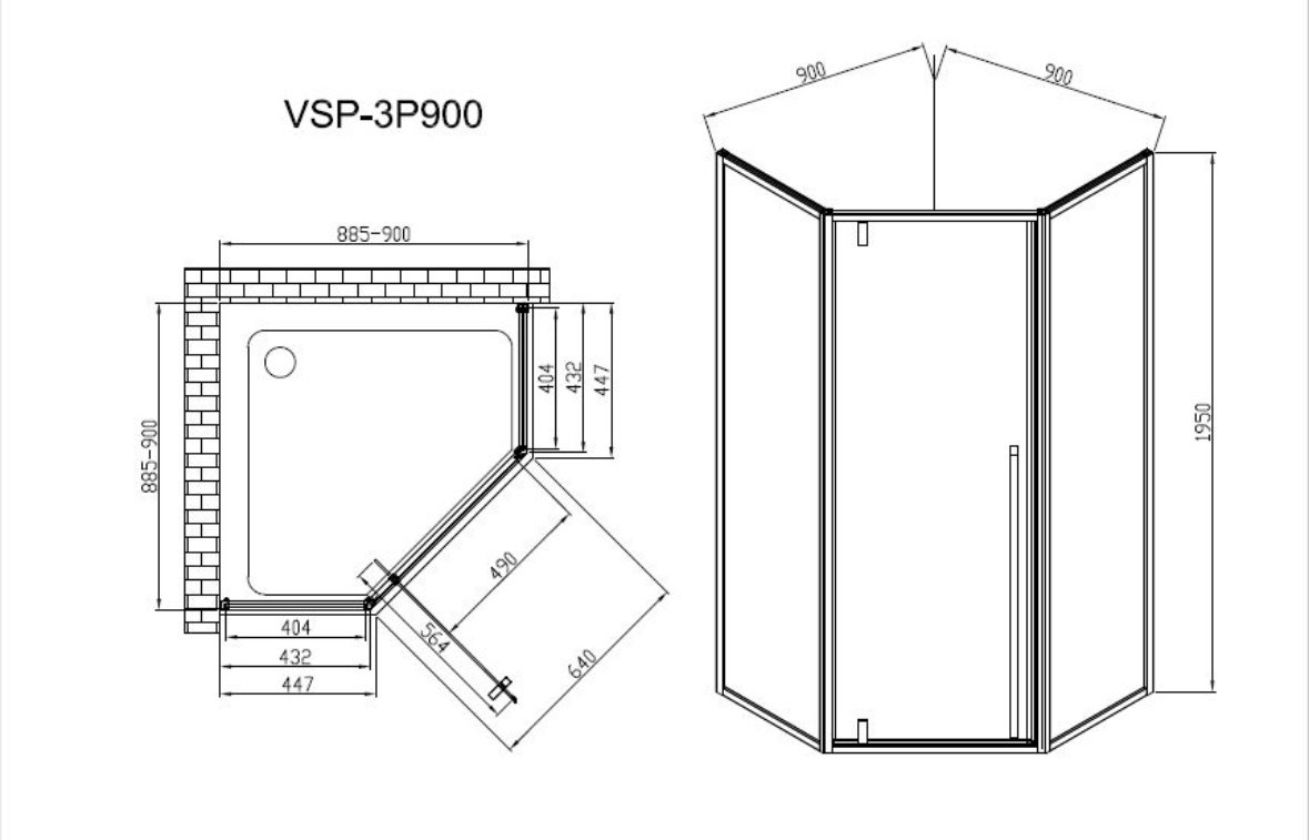 Душевое ограждение KABINKA.KZ трехстенное VSP-3P900CL, 900х1950 мм