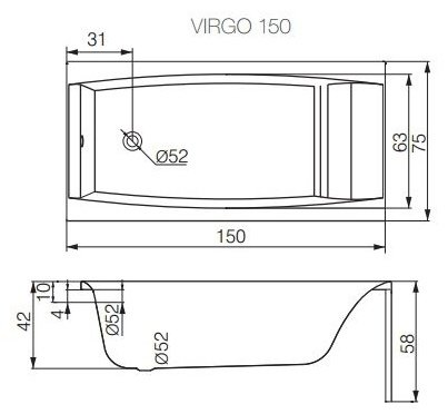 Ванна прямоугольная Cersanit VIRGO 150x75 см, акрил