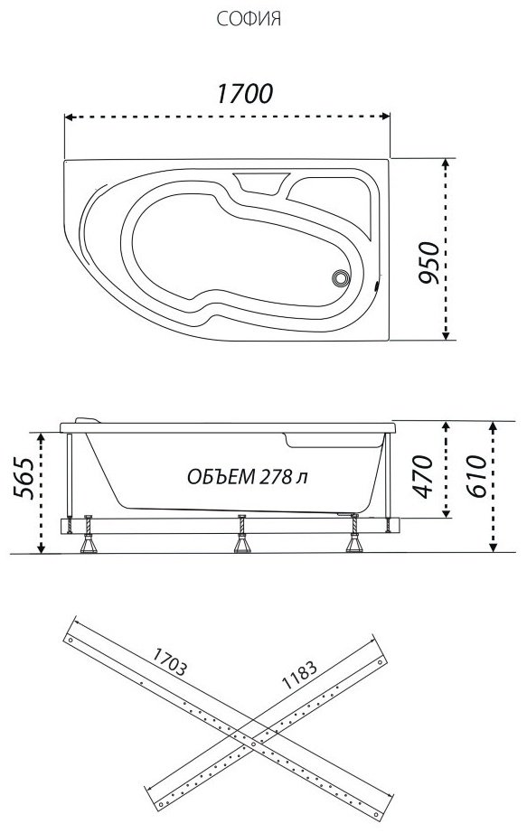 Ванна KABINKA.KZ София 150-правая 150x95 см, акрил купить,268100