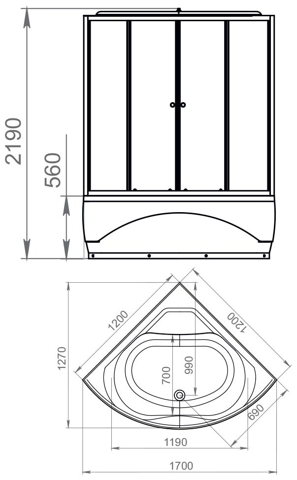 Душевая кабина KABINKA.KZ DS01VS1212HWCl00.Gt-Black, 219х120 см, высокий поддон купить,NaN