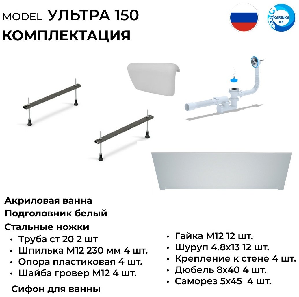 Ванна KABINKA.KZ Ультра 150 150x70 см, акрил