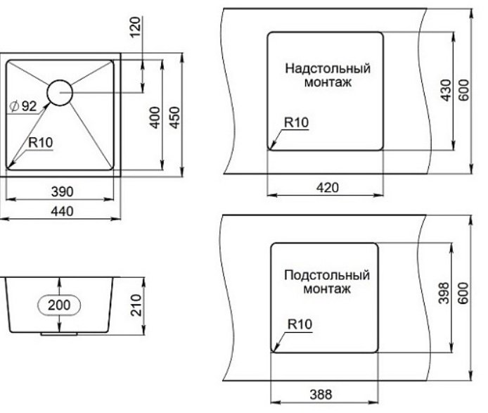 Кухонная мойка GRANULA 4445U 45х44х20 см, нержавеющая сталь, тон графитовый купить,478900
