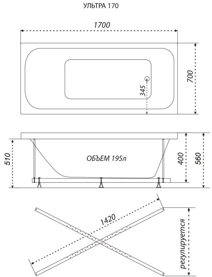 Ванна KABINKA.KZ Ultra White Lux full 170x70 см, акрил купить,159100