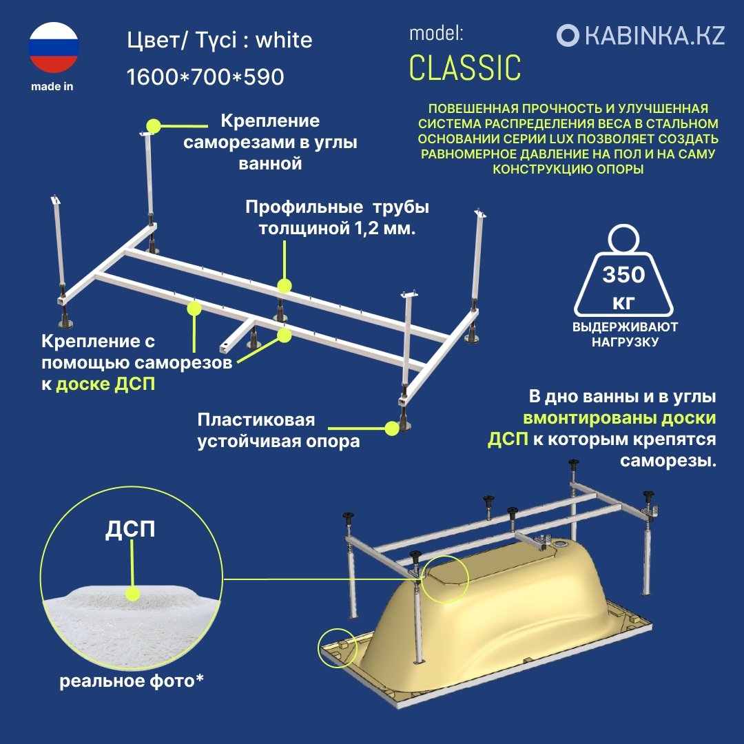 Ванна KABINKA.KZ PREMIUM Classic 160x70, акрил