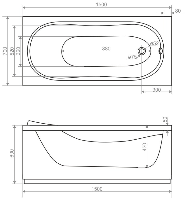 Ванна Domani-Spa Standard DS02Sd15070 150x70 см, акрил купить,138710