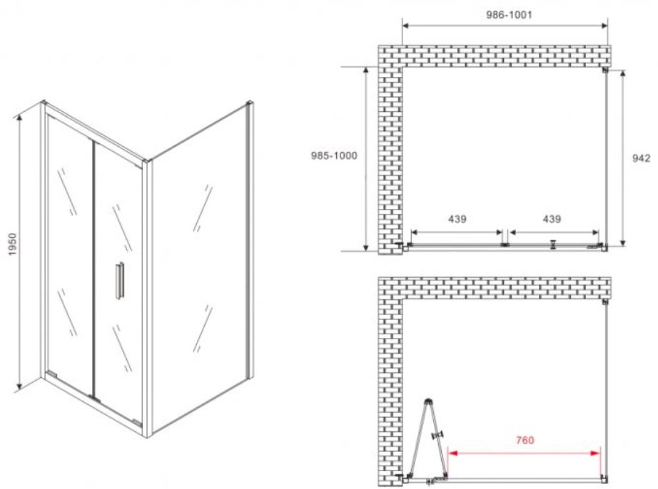 Душевое ограждение Abber двухстенное AG07100B-S100B, 1000х1950 мм купить,NaN